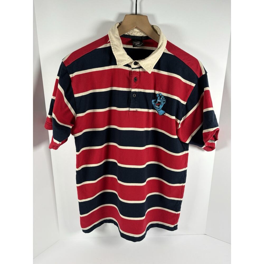 Santa Cruz Screaming Hand Rugby Polo Shirt Red Blue Striped Mens M